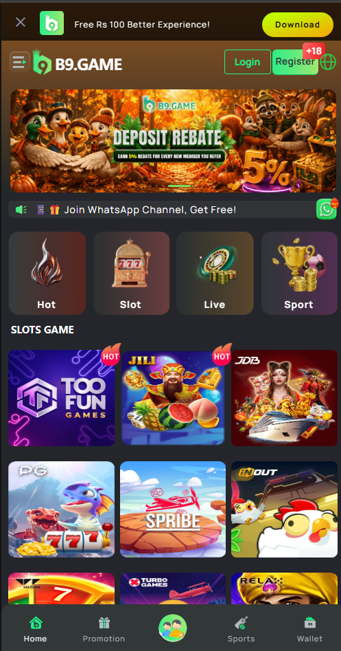 b9 game app home screen showing slot games, promotions and the wallet